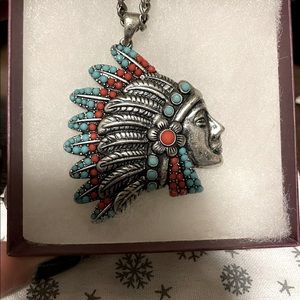 Turquoise and Coral Sterling Silver Native American necklace. Lightly worn.